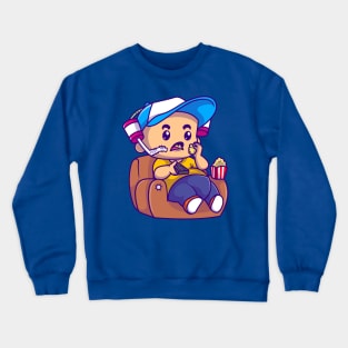 Cute Boy Eating Popcorn On Sofa Cartoon Crewneck Sweatshirt